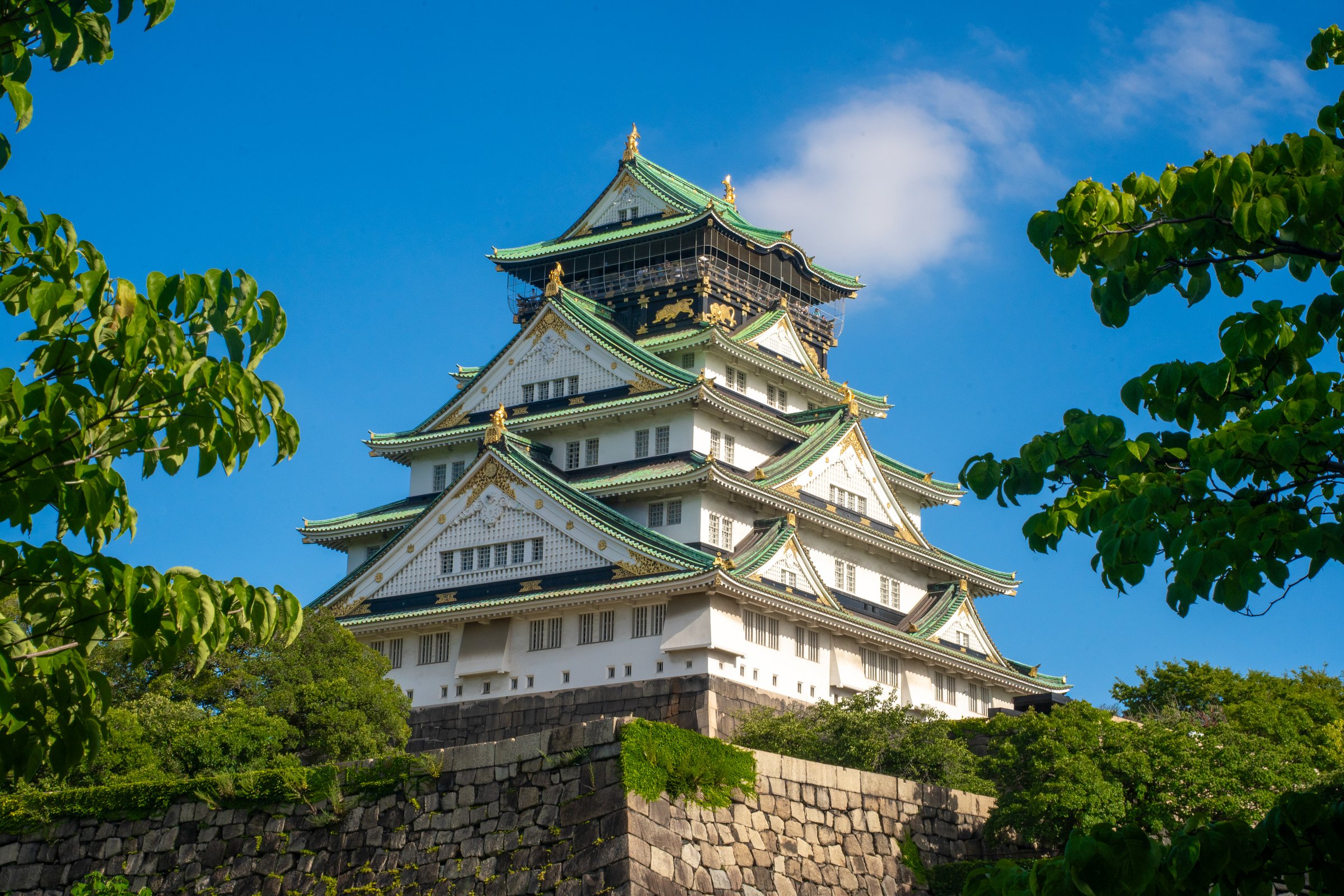 Osaka Castle framed by trees against blue sky